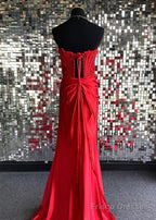 Red Sheath Strapless Corset Satin Prom Dress with Slit