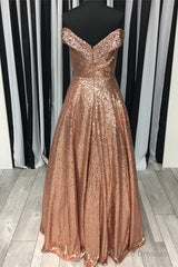 Sparkly Rose Gold Sequin Ball Gown Dress Off Shoulder