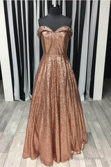 Sparkly Rose Gold Sequin Ball Gown Dress Off Shoulder