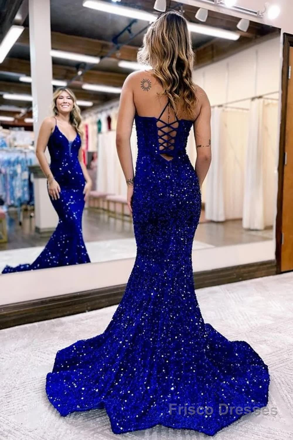 Sparkly Royal Blue Lace-Up Back Sequins Mermaid Long Prom Dress Secondary image