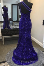 Sparkly Royal Blue Sequins One Shoulder Long Formal Prom
