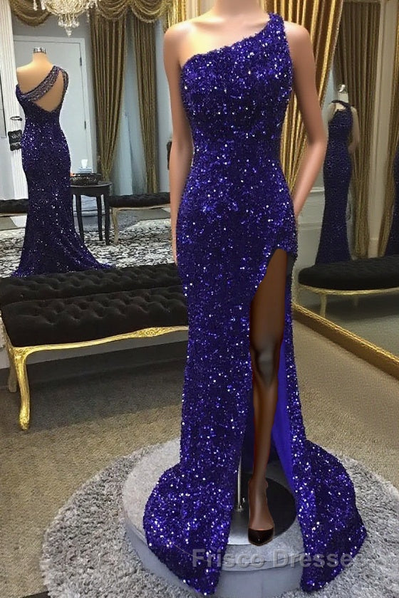 Sparkly Royal Blue Sequins One Shoulder Long Formal Prom