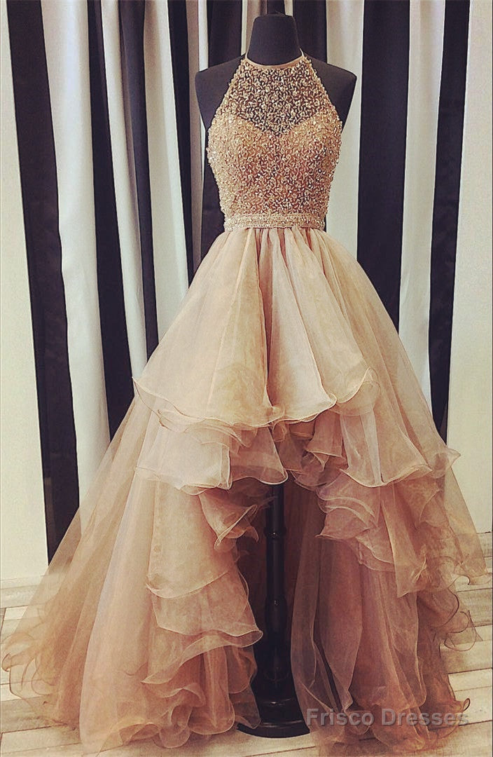 Sparkly Sequin Beaded Halter Organza Layered Prom Dresses Front Short Long Back Secondary image