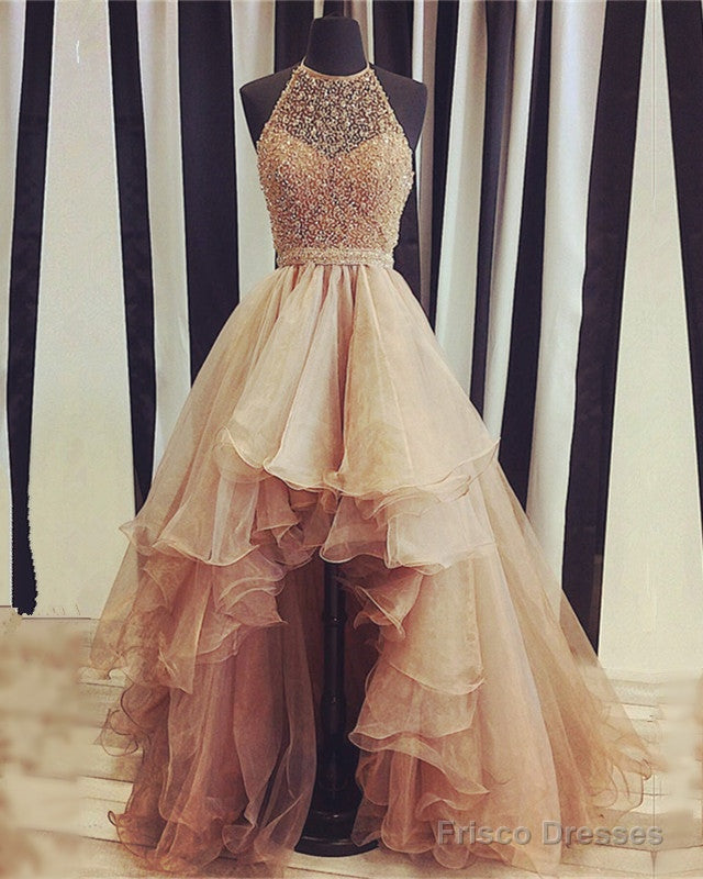 Sparkly Sequin Beaded Halter Organza Layered Prom Dresses Front Short Long Back