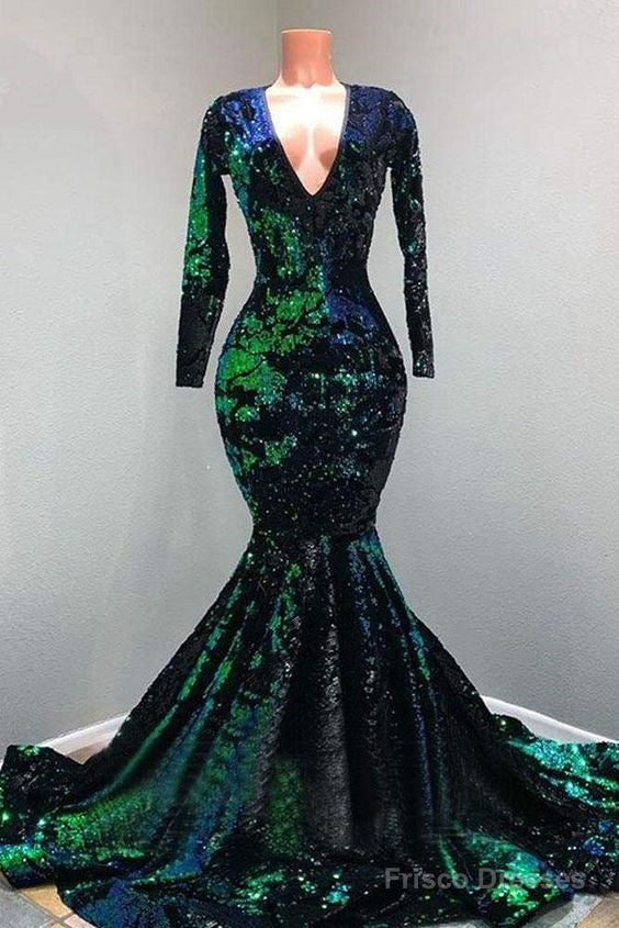 Sparkly Sequin Long Sleeve V-Neck Mermaid Prom Dresses Main image
