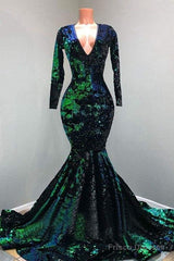 Sparkly Sequin Long Sleeve V-Neck Mermaid Prom Dresses