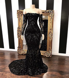 Sparkly Sequined Mermaid Prom Dresses Royal Blue Long Sleeve Graduation Formal Dress Evening Gowns