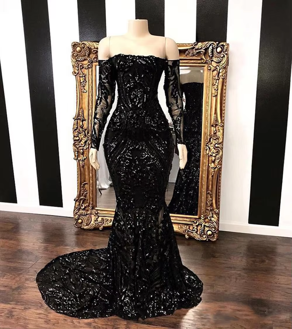 Sparkly Sequined Mermaid Prom Dresses Royal Blue Long Sleeve Graduation Formal Dress Evening Gowns