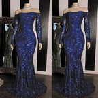 Sparkly Sequined Mermaid Prom Dresses Royal Blue Long Sleeve Graduation Formal Dress Evening Gowns