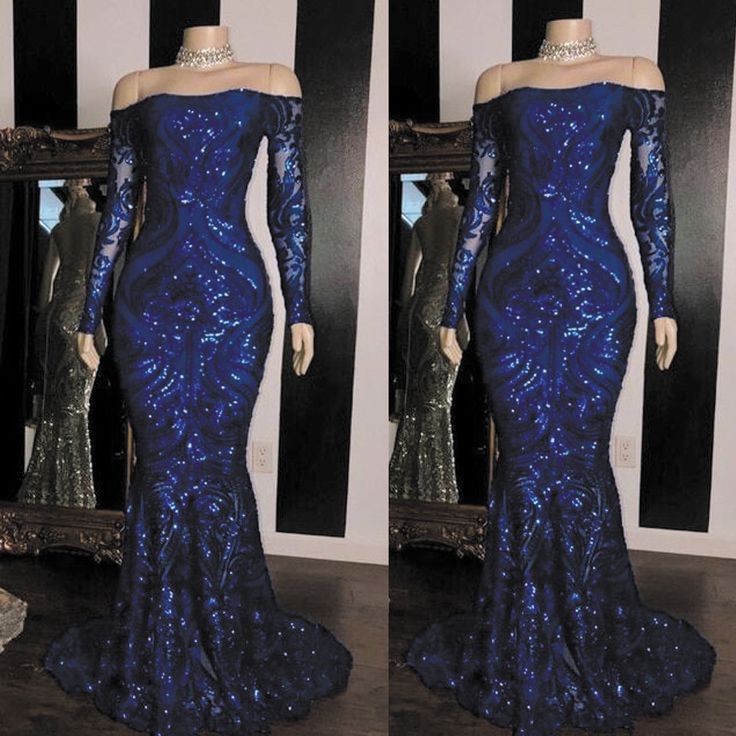 Sparkly Sequined Mermaid Prom Dresses Royal Blue Long Sleeve Graduation Formal Dress Evening Gowns