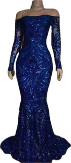 Sparkly Sequined Mermaid Prom Dresses Royal Blue Long Sleeve Graduation Formal Dress Evening Gowns