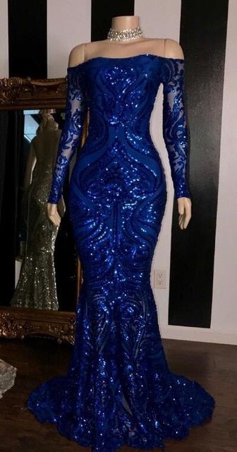 Sparkly Sequined Mermaid Prom Dresses Royal Blue Long Sleeve Graduation Formal Dress Evening Gowns