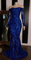 Sparkly Sequined Mermaid Prom Dresses Royal Blue Long Sleeve Graduation Formal Dress Evening Gowns