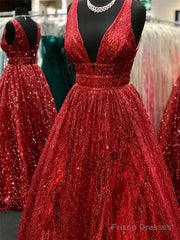 Sparkly Sequins A-Line V-Neck Red Prom Dress,