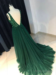 Sparkly Sequins Beaded V-Neck Tulle Open Back Evening Dresses
