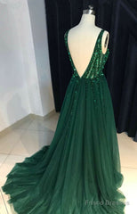 Sparkly Sequins Beaded V-Neck Tulle Open Back Evening Dresses