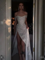 Sparkly Sequins Off Shoulder Side Slit Prom Dress