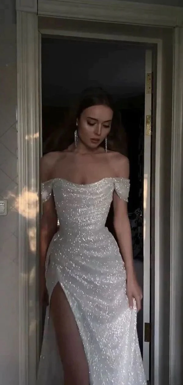 Sparkly Sequins Off Shoulder Side Slit Prom Dress Main image