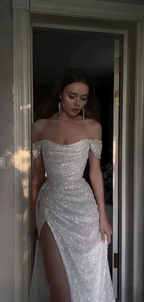 Sparkly Sequins Off Shoulder Side Slit Prom Dress