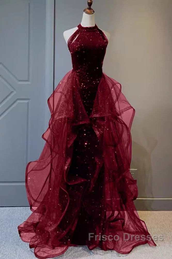 Sparkly Sheath Burgundy Sequin Long Formal Prom Dress Party Dress