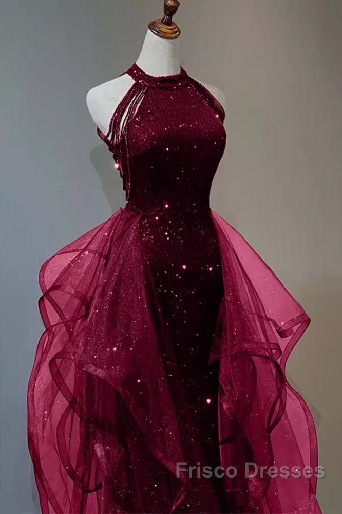 Sparkly Sheath Burgundy Sequin Long Formal Prom Dress Party Dress