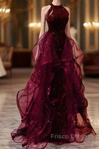 Sparkly Sheath Burgundy Sequin Long Formal Prom Dress Party Dress