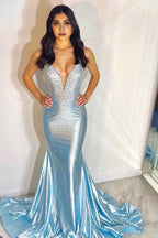 Sparkly Sky Blue Beaded Mermaid Long Prom Dress