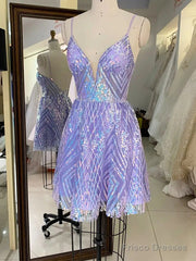 Sparkly Spaghetti Straps V-Neck Sequin Short Purple Homecoming Dresses Online,