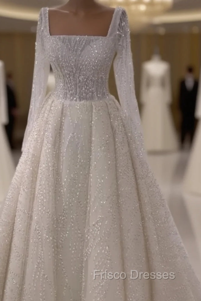 Sparkly Square Neck Long Sleeve Wedding Dress Main image