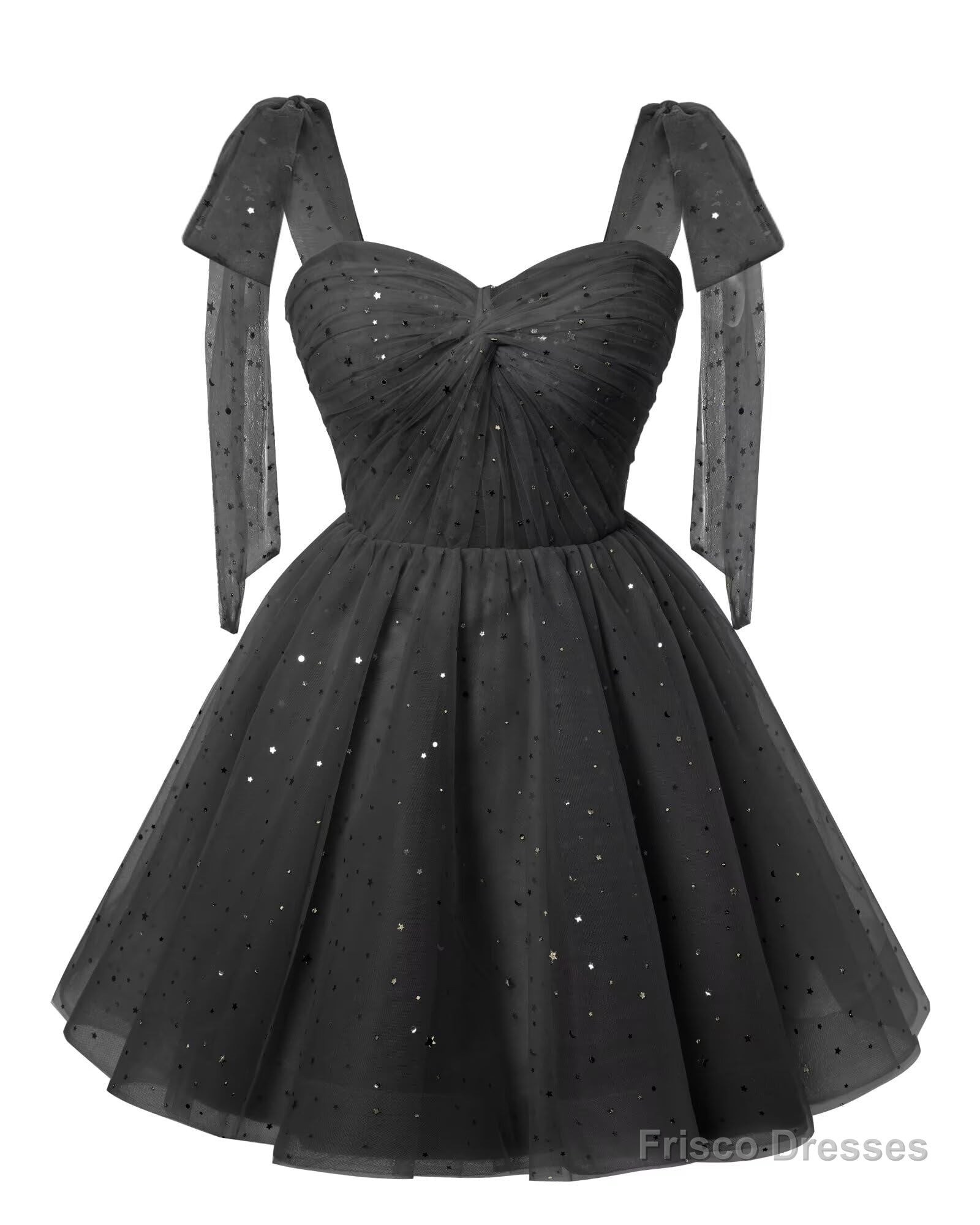 Sparkly Starry Black Tulle Short Homecoming Dresses Spaghetti Bow Straps Prom Dress Sequin Cocktail Party Dress for Teens Main image