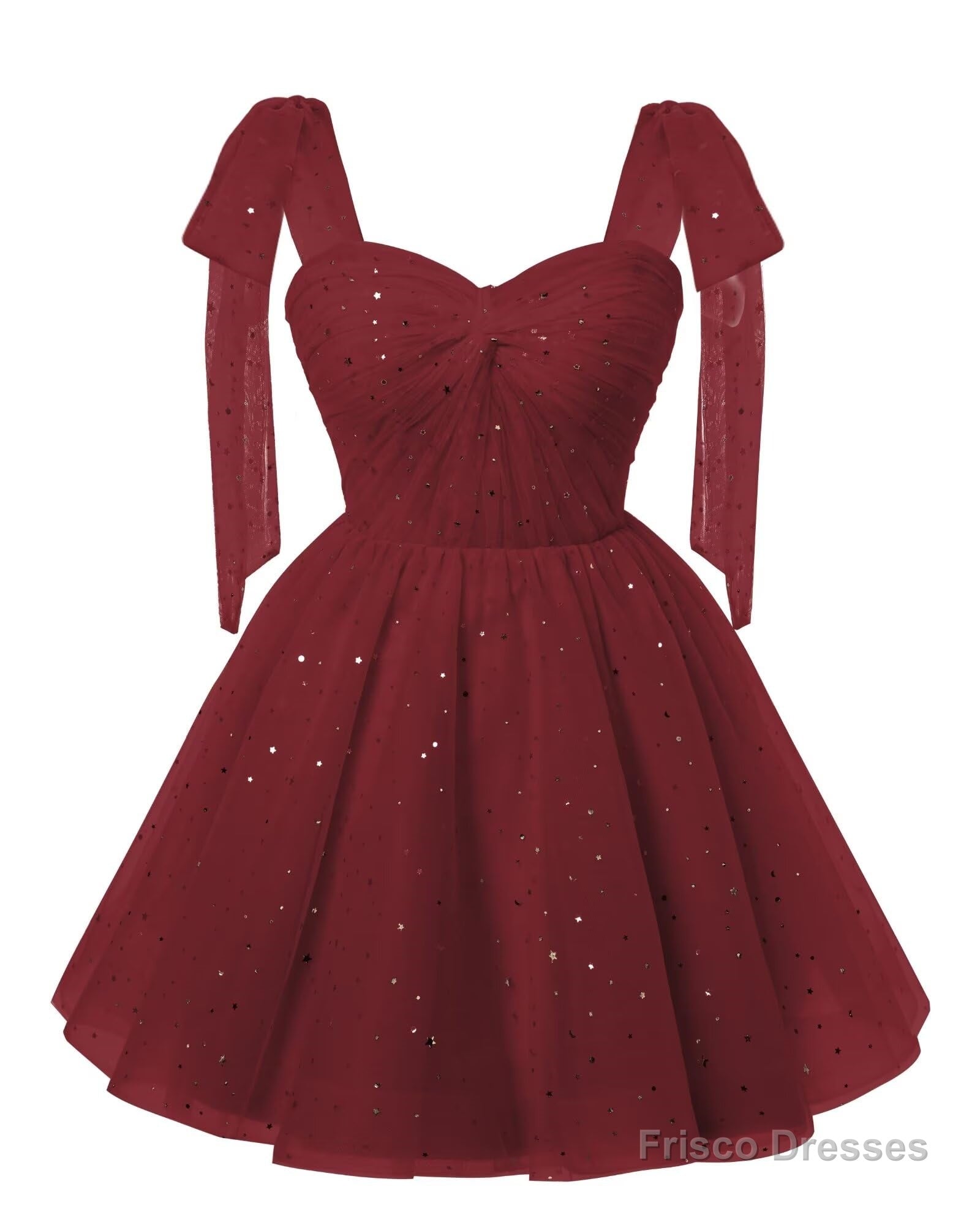 Sparkly Starry Burgundy Tulle Short Homecoming Dresses Spaghetti Bow Straps Prom Dress Sequin Cocktail Party Dress for Teens Main image