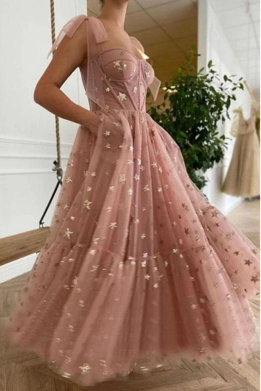 Sparkly Stars Tulle Blush Pink Prom Dresse Shiny Princess Evening Dress With Straps Secondary image