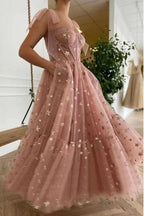 Sparkly Stars Tulle Blush Pink Prom Dresse Shiny Princess Evening Dress With Straps