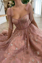 Sparkly Stars Tulle Blush Pink Prom Dresse Shiny Princess Evening Dress With Straps