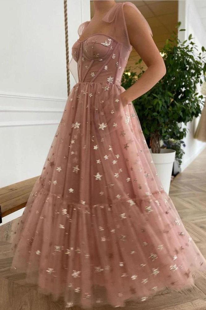 Sparkly Stars Tulle Blush Pink Prom Dresse Shiny Princess Evening Dress With Straps Main image