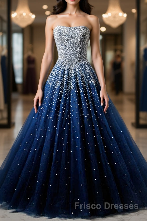 Sparkly Strapless Blue Formal Prom Dresses, Strapless Blue Long Formal Evening Dresses