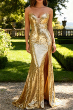 Sparkly Strapless Mermaid Gold Formal Dress With Slit