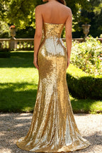 Sparkly Strapless Mermaid Gold Formal Dress With Slit