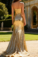 Sparkly Strapless Mermaid Gold Prom Dress With Slit
