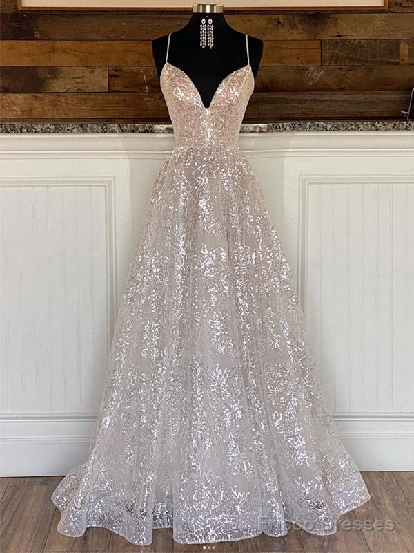 Sparkly V-Neck A-Line Spaghetti Straps Long Prom Dress Evening Dress,
