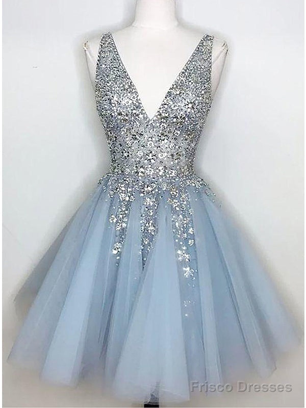 Sparkly V-Neck A-Line Tulle Short Blue Homecoming Dresses Online, Main image