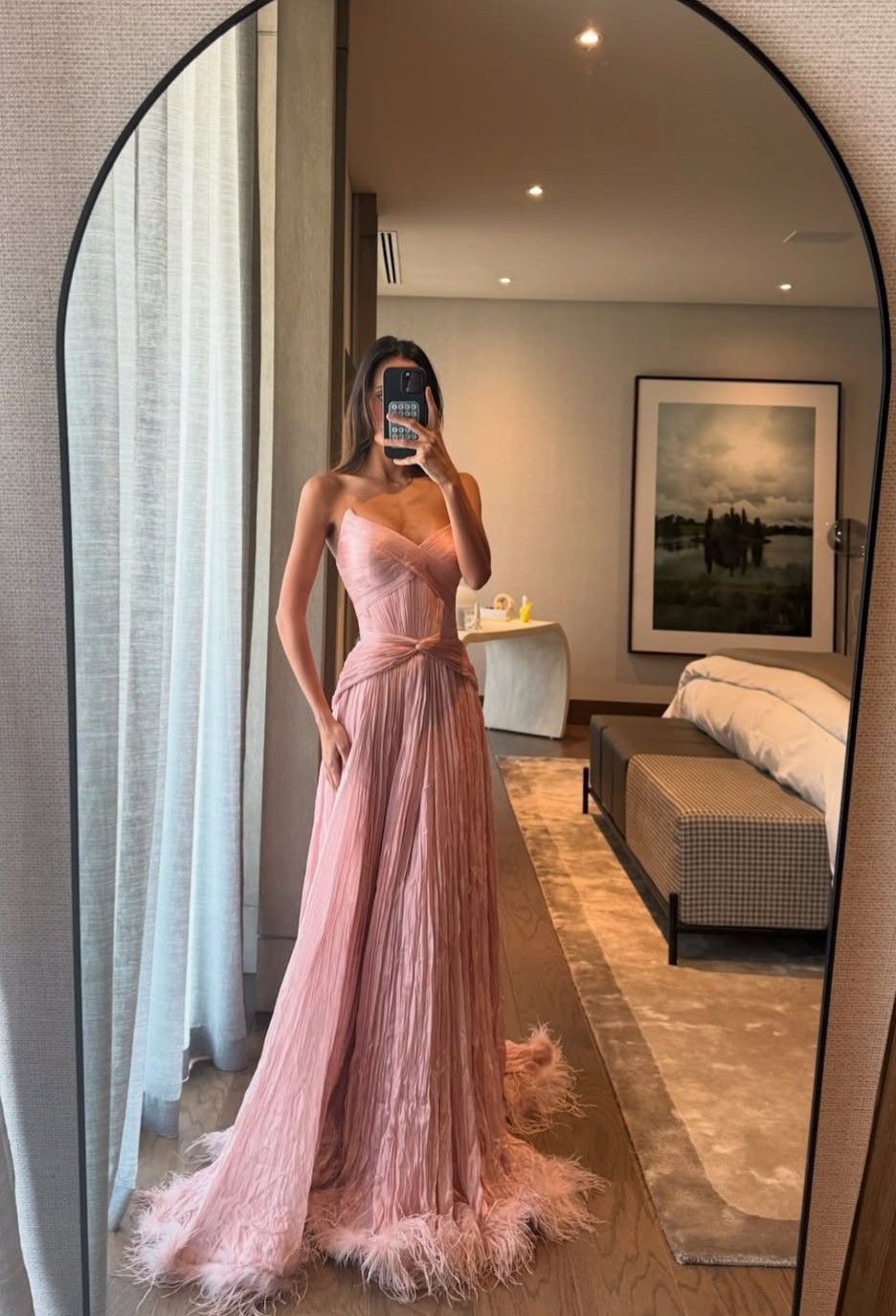 Special A Line Sweetheart Pleated Chiffon Pink Sleeveless Feathers Long Prom Dresses Inspo Prom Gown