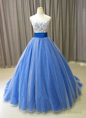 Spring Blue Tulle Long Formal Lace Prom Dress, Evening Dress