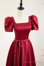 Square Neck Burgundy Long Prom Dresses, Wine Red Long Formal Evening Dresses