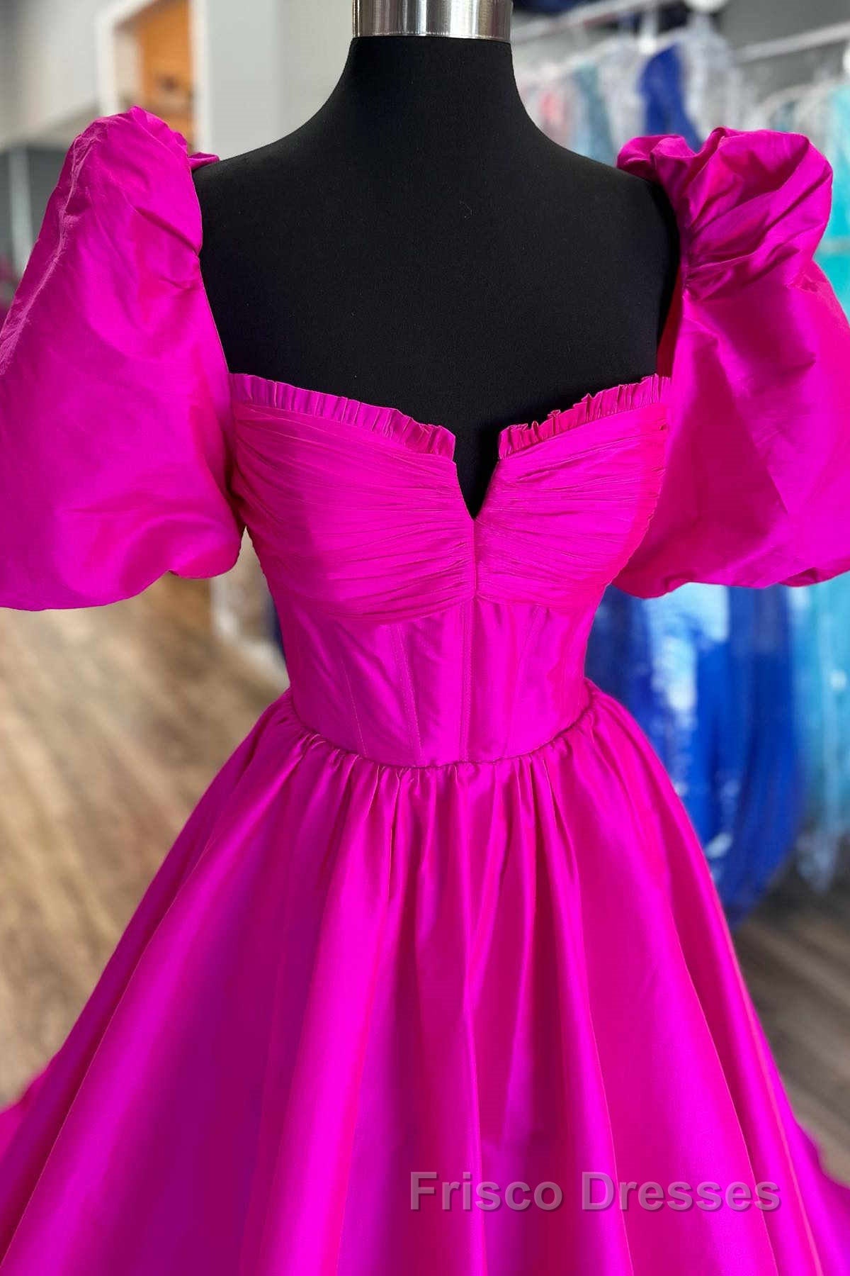 Square Neck Fuchsia Puff Sleeves A-Line Formal Prom Dress Secondary image