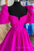 Square Neck Fuchsia Puff Sleeves A-Line Formal Prom Dress
