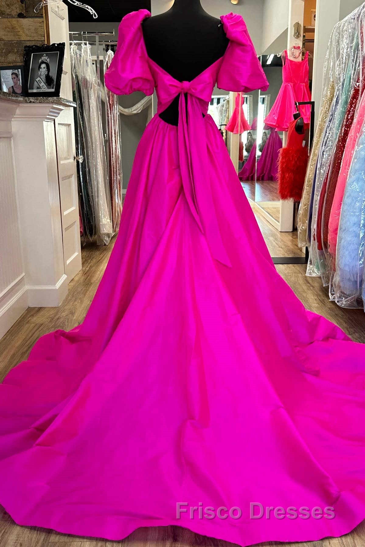 Square Neck Fuchsia Puff Sleeves A-Line Formal Prom Dress