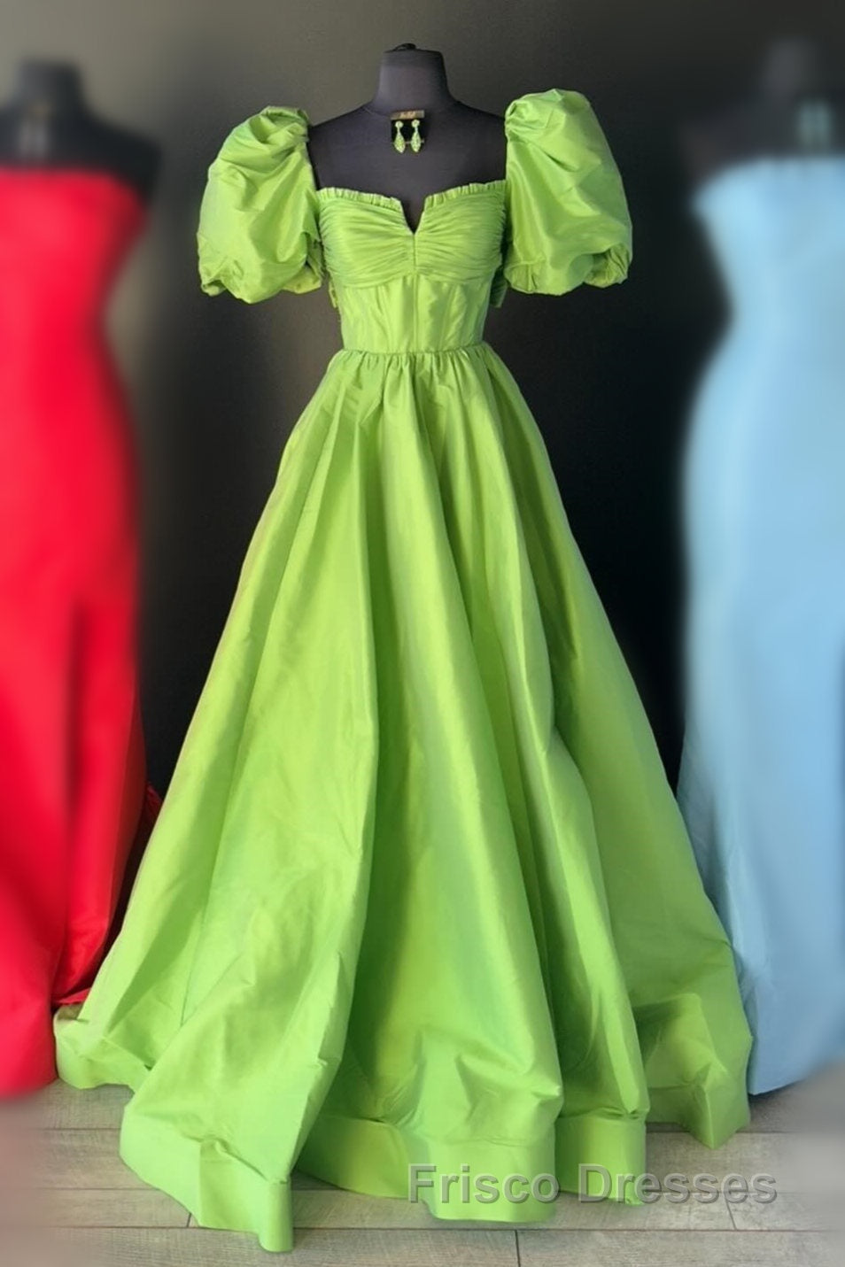 Square Neck Fuchsia Puff Sleeves A-Line Formal Prom Dress