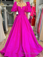 Square Neck Fuchsia Puff Sleeves A-Line Formal Prom Dress