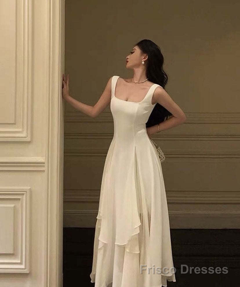 Square Neck White Asymmetric A-Line Long Evening Dress Frisco Dresses Square Neck White Asymmetric A-Line Long Evening Dress Frisco Dresses